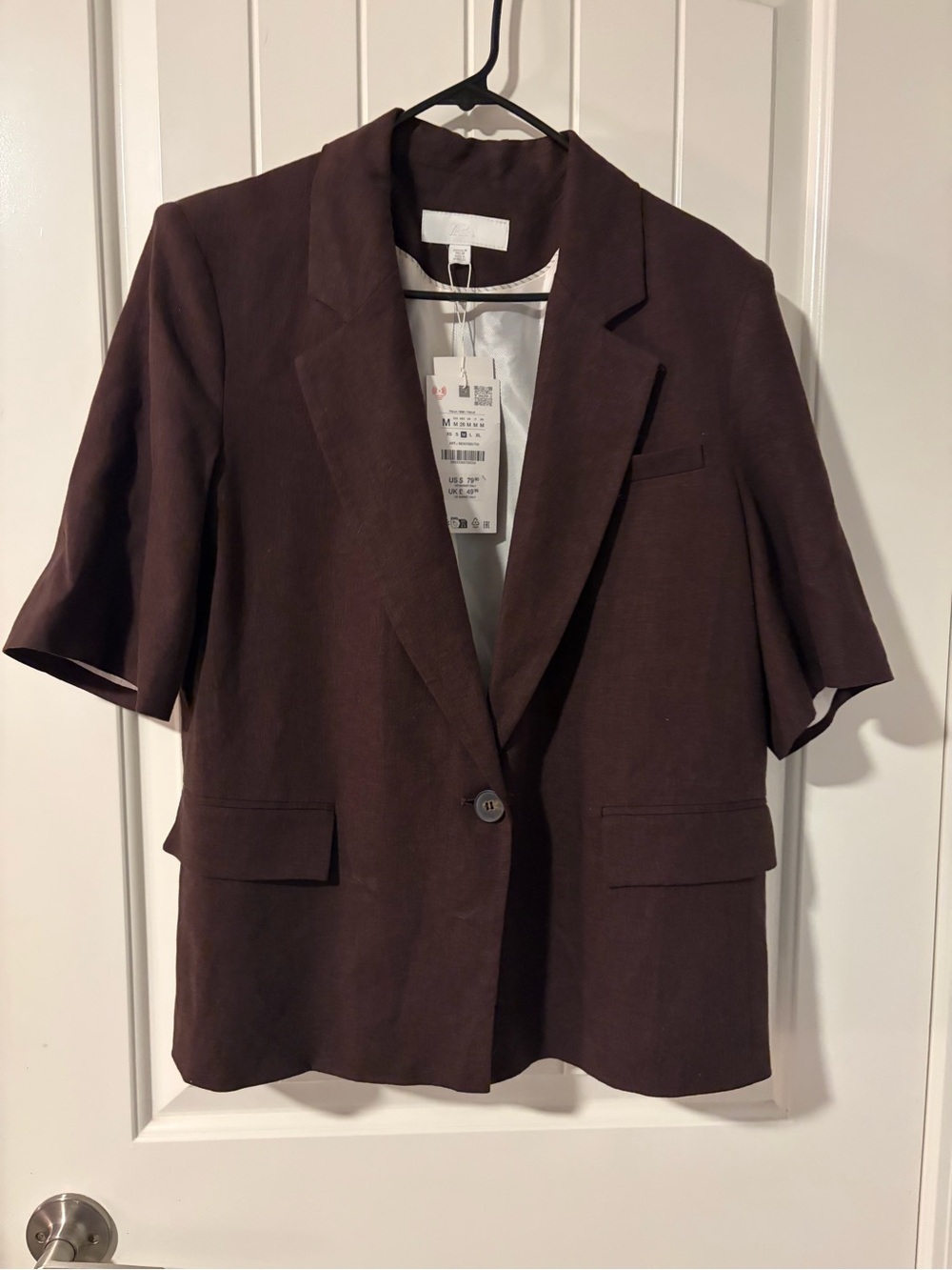 Zara Short-Sleeve Linen Blazer Jacket in Dark Brown - Picture 9 of 11